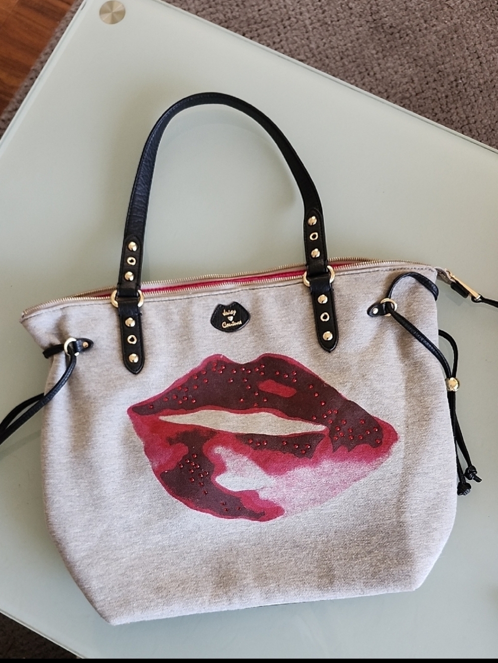 Juicy Couture Jersey Knit Barbiecore Rhinestone Lips Overnight Tote Bag - Picture 11 of 15